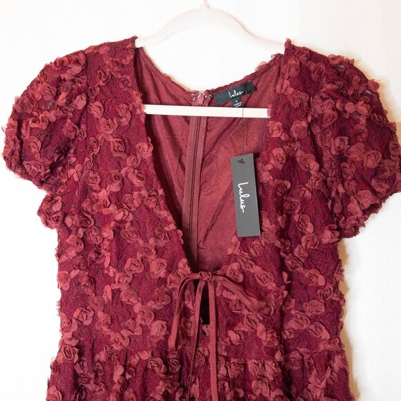 Lulus NWT Burgundy Lace Dress L | 3D Floral Appliqué Wedding Guest Outfit - Picture 4 of 15